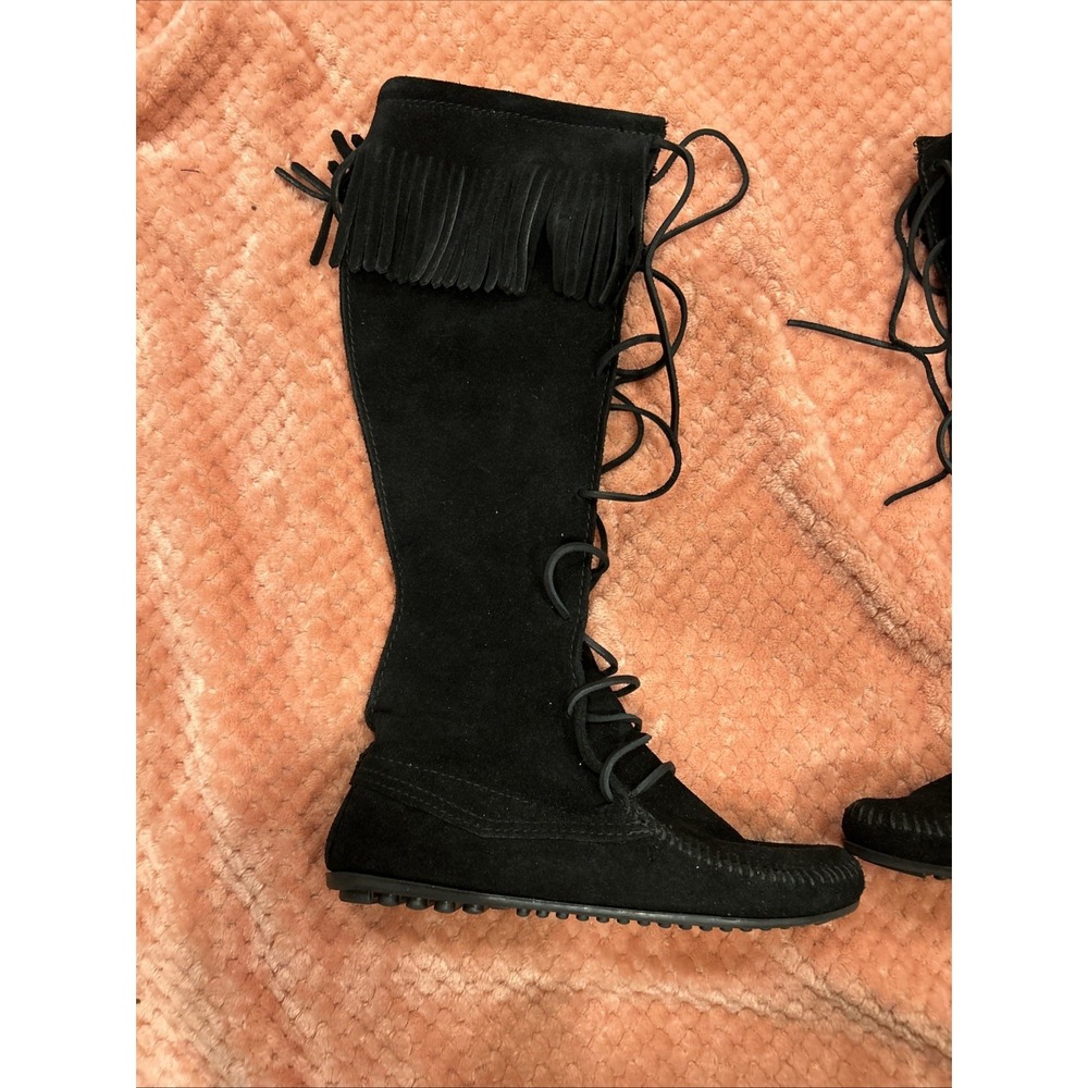 Minnetonka Womens Boots Black  Leather Fringe Knee High Moc Toe Lace Up Solid 7
